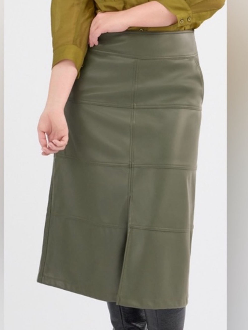 CAbi Olive Faux Leather High-Waist Midi Kick It Skirt - Picture 3 of 12